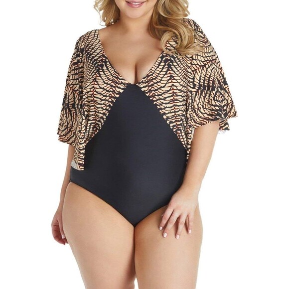 NWT Raisins Curve One Piece Slimming Swimsuit Black Blue 14W Stingray MSRP $108 - Picture 2 of 5